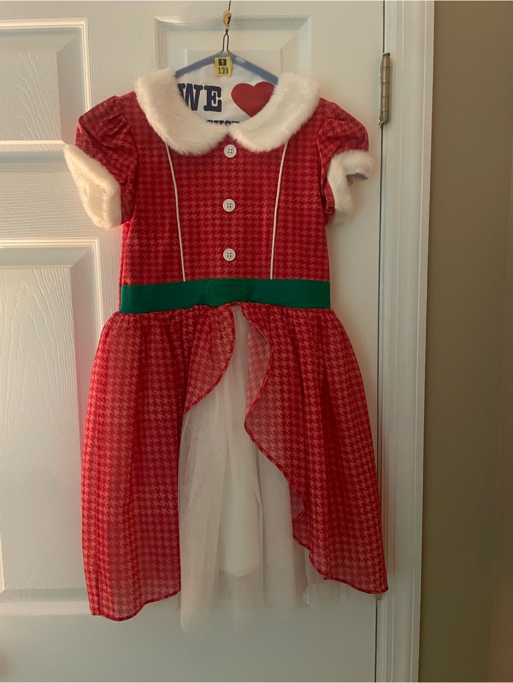 Girls' Red Holiday Dress Costume with White Faux Fur Trim and Green Belt